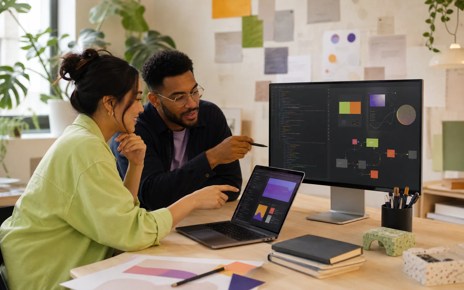 Two professionals collaborating on web development, design, and automation work